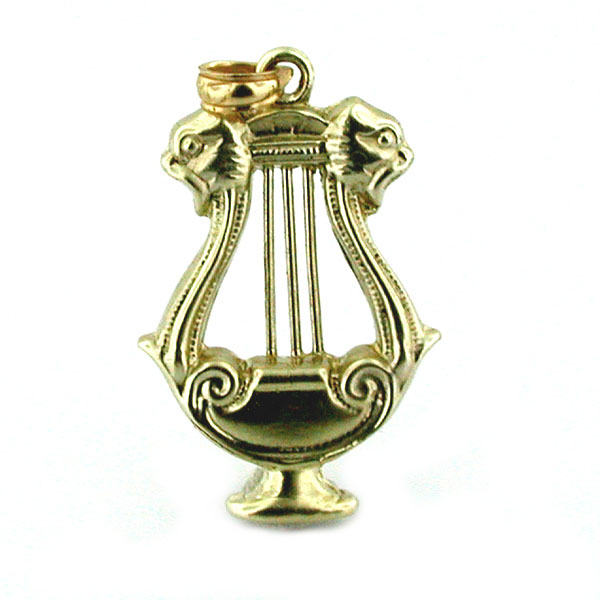 14k Gold Harp Lyre with Gargoyle Heads Vintage 3D Charm Pendant
