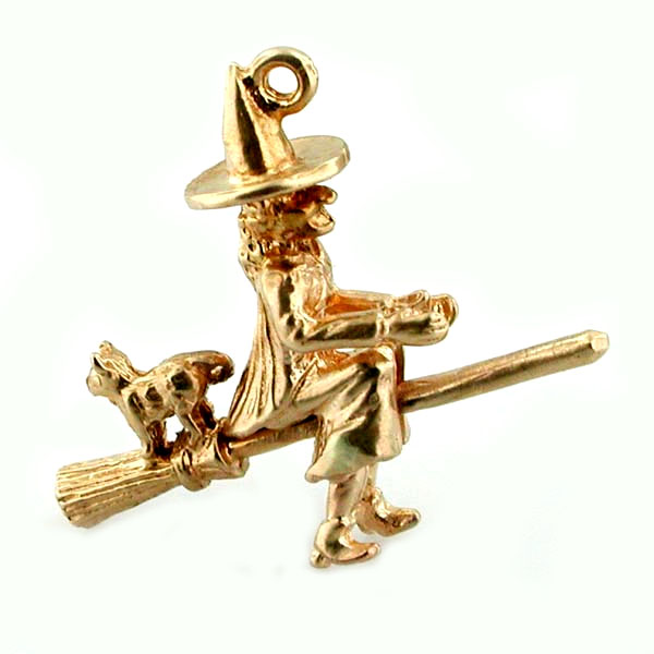  Witch & Cat on Broom Movable 14K Gold Charm