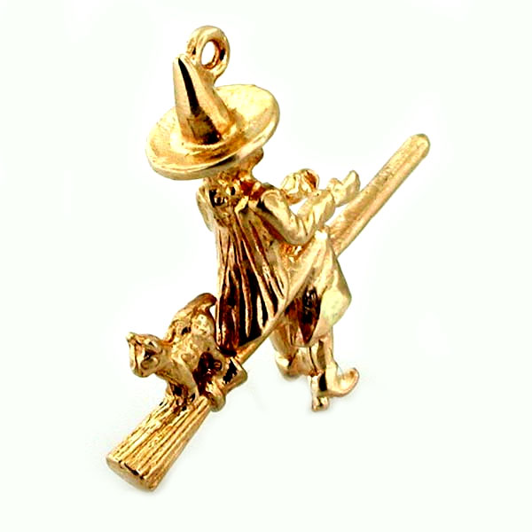  Witch & Cat on Broom Movable 14K Gold Charm