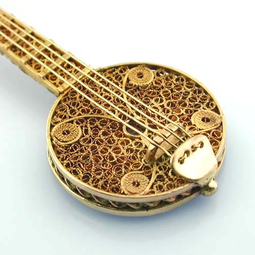 Rare Vintage 14K Gold Handmade Filigree Banjo Mandolin Musical Pendant Charm