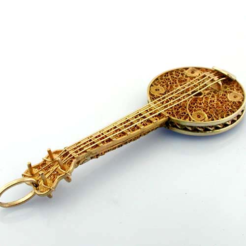 Rare Vintage 14K Gold Handmade Filigree Banjo Mandolin Musical Pendant Charm