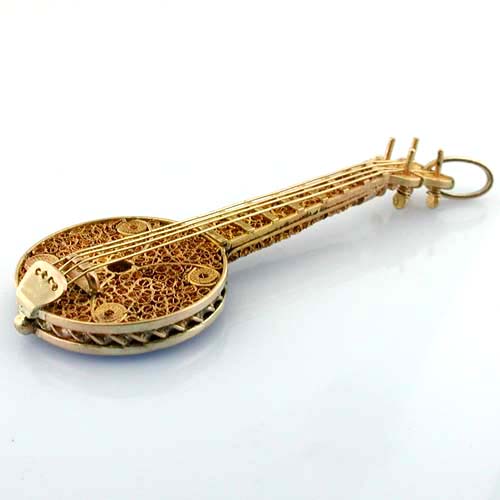 Rare Vintage 14K Gold Handmade Filigree Banjo Mandolin Musical Pendant Charm