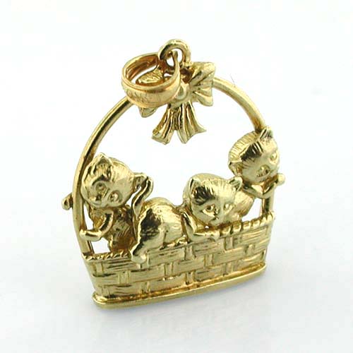 Kittens in a Basket 14K Gold Charm Pendant