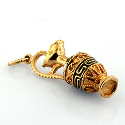 18K Gold Ornate Enamel Greek Design Vase Pitcher Charm Pendant