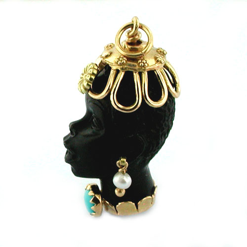 18K Gold Blackamoor Turquoise Pearl Charm Pendant