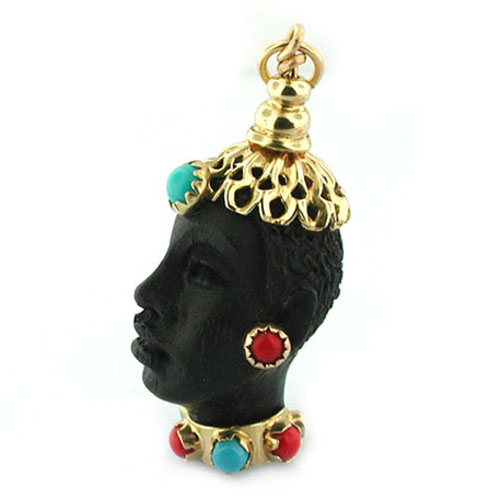 18K Gold Ebony Blackamoor Coral Turquoise Vintage Charm Pendant 