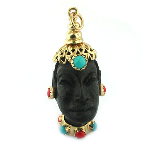 18K Gold Ebony Blackamoor Coral Turquoise Vintage Charm Pendant 
