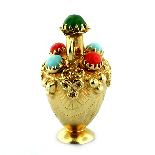 Jeweled Turquoise Coral Vase Vintage 18K Gold Charm 