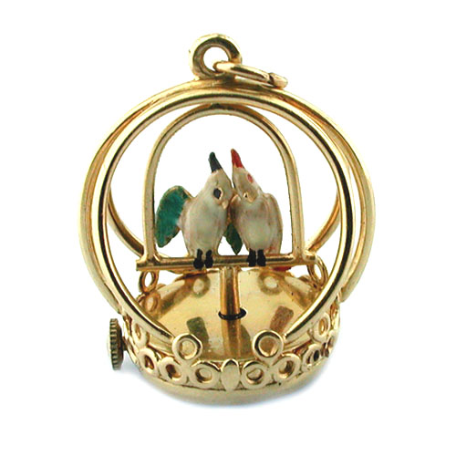 Vintage 14K Gold Spinning Love Birds Dankner Living Charm Mechanical Pendant