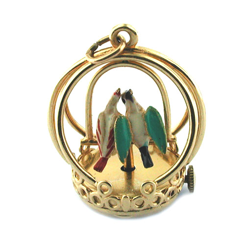 Vintage 14K Gold Spinning Love Birds Dankner Living Charm Mechanical Pendant