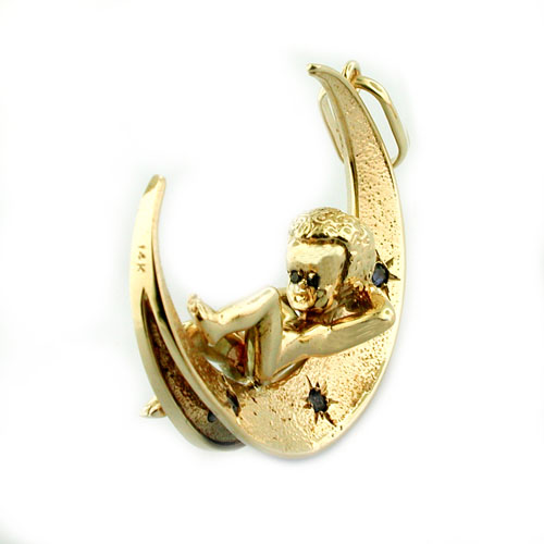Large 14K Gold Jeweled Crescent Moon Child Pendant Charm 