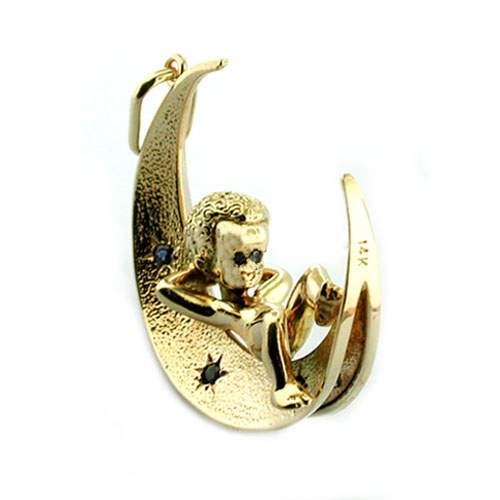 Large 14K Gold Jeweled Crescent Moon Child Pendant Charm 