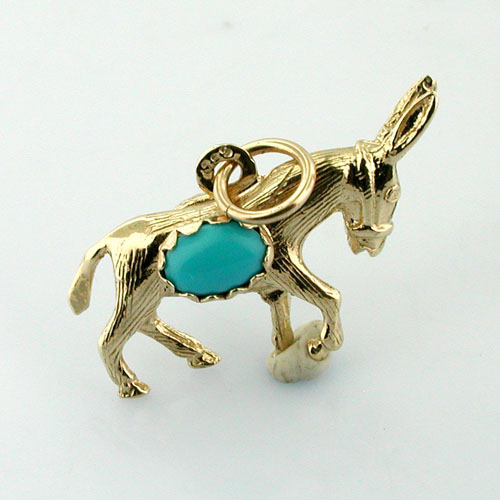 14k Gold Burro Mule Donkey Turquoise Charm Pendant
